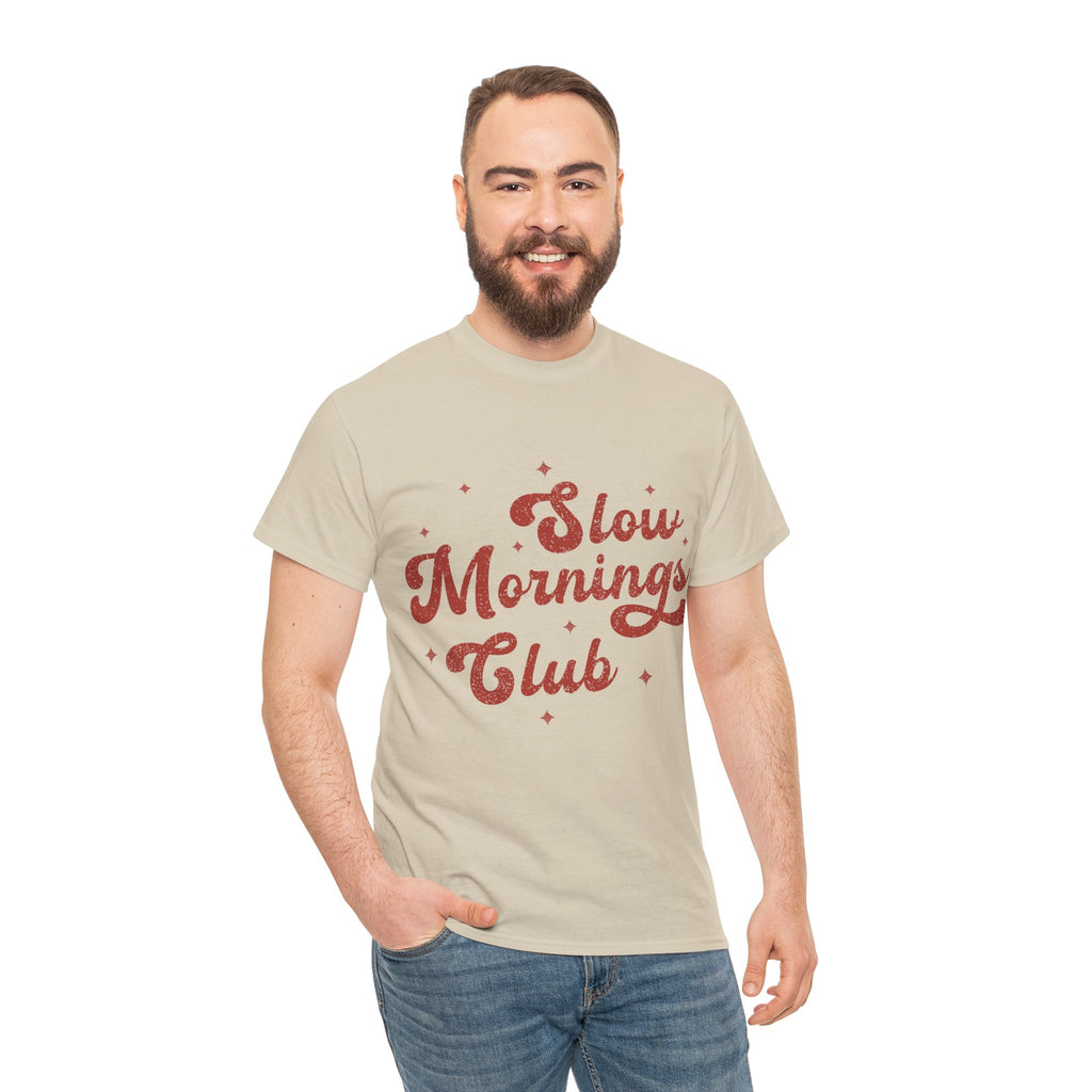 Slow Mornings Club T-Shirt — Retro Red Sparkle Unisex Cotton Tee