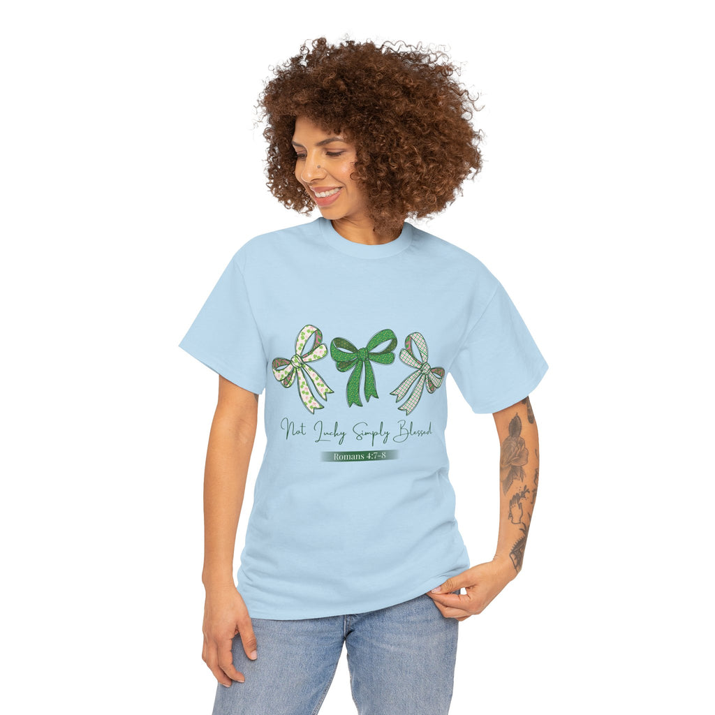 Not Lucky Simply Blessed Tee — Romans 4:7-8 Green Bow Christian Unisex Cotton T-Shirt