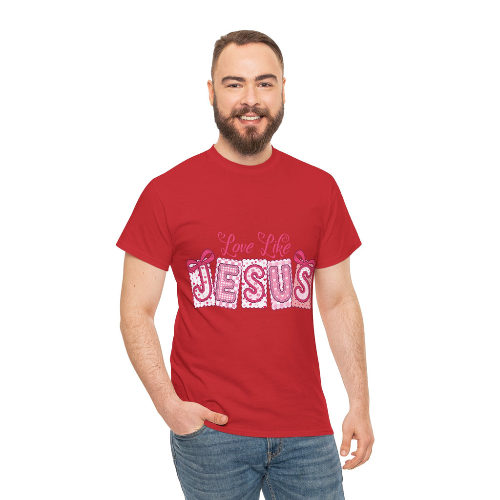Love Like Jesus Patchwork Tee — Pink Stitched Heart Graphic.Unisex Cotton Tee