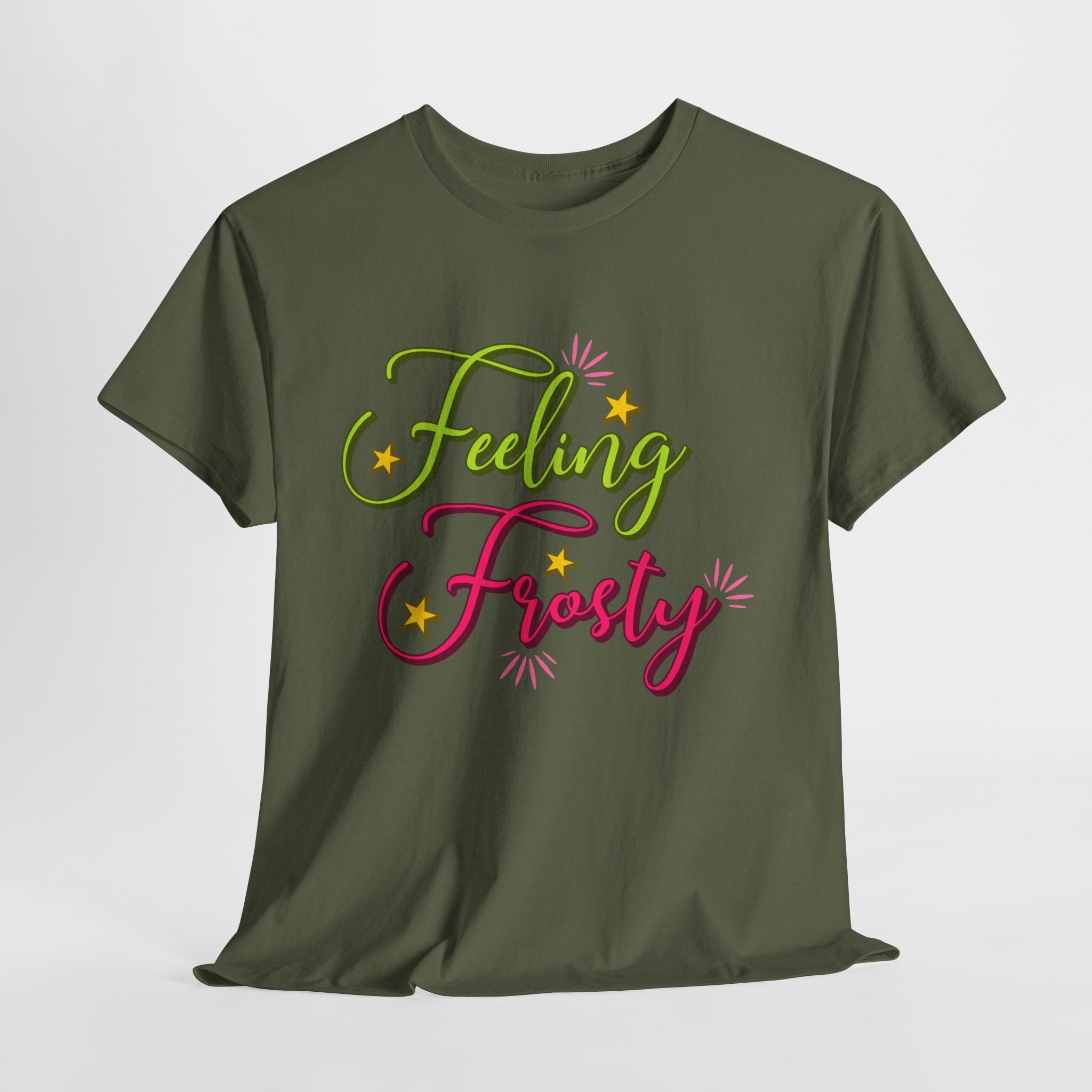 Feeling Frosty Holiday T-Shirt — Green & Pink Script Stars.Unisex Cotton Tee
