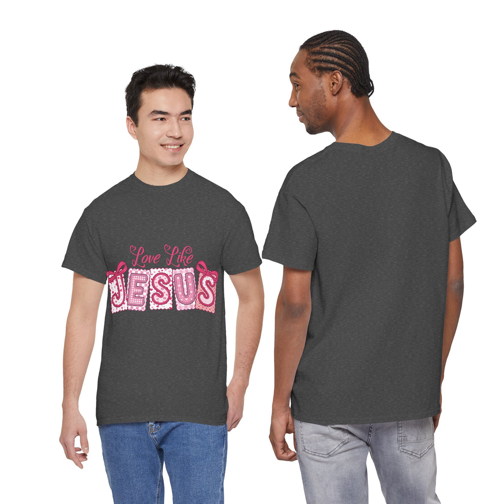 Love Like Jesus Patchwork Tee — Pink Stitched Heart Graphic.Unisex Cotton Tee