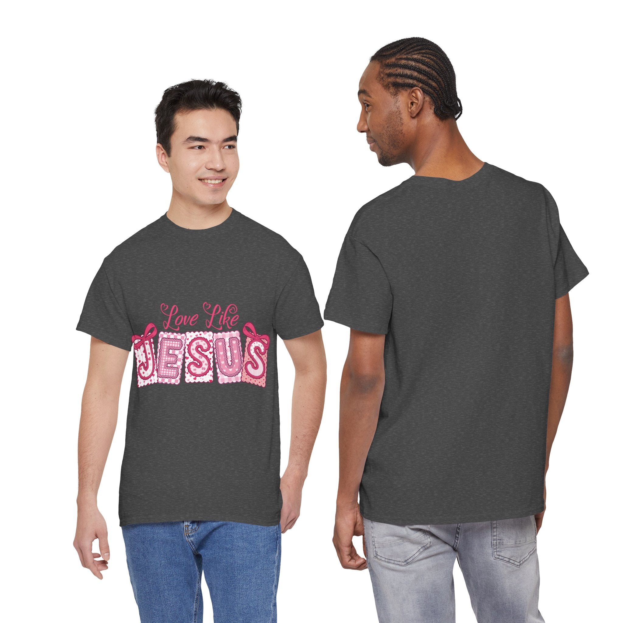 Love Like Jesus Patchwork Tee — Pink Stitched Heart Graphic.Unisex Cotton Tee
