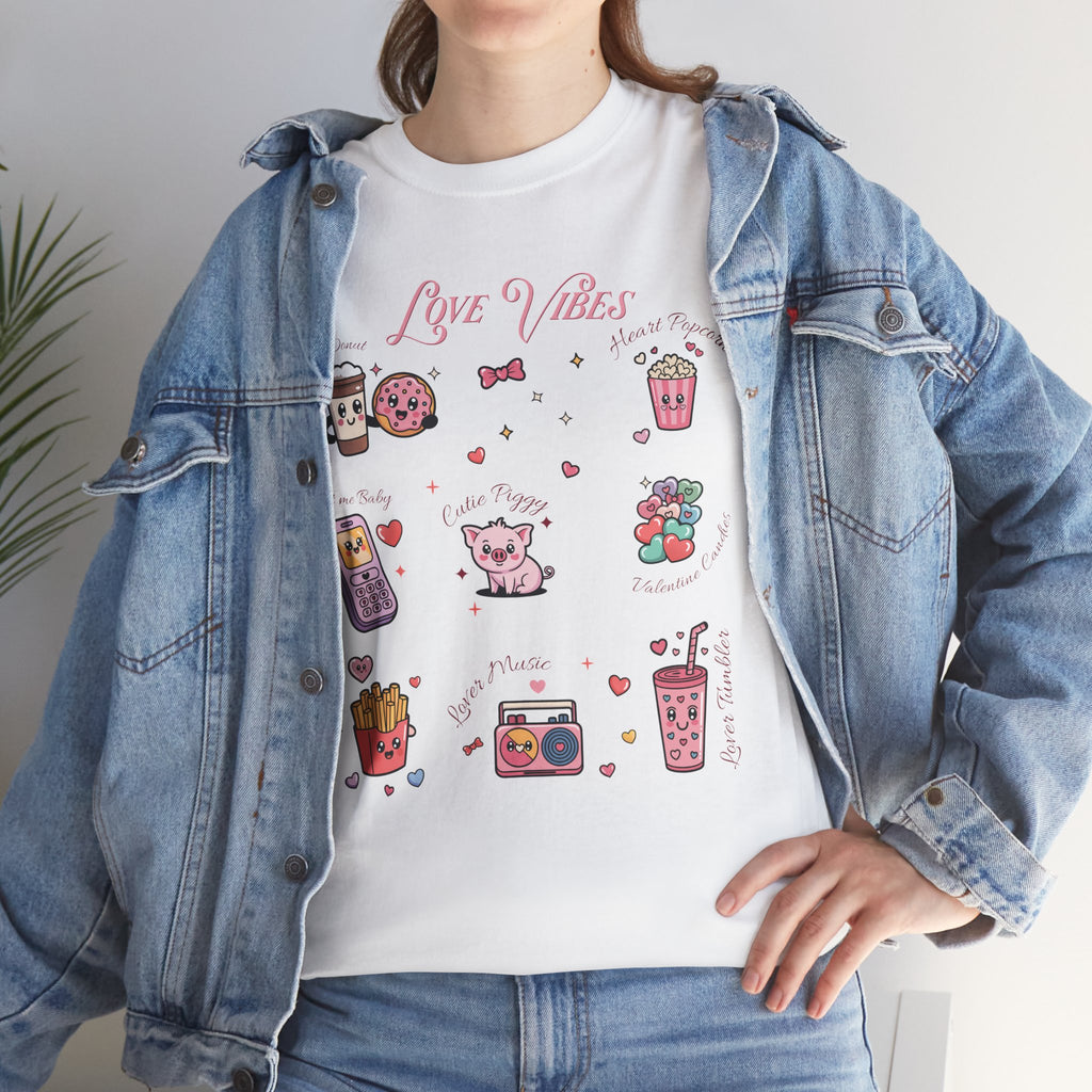 Love Vibes Kawaii Valentine T-Shirt — Cute Donut, Coffee & Piglet Design Unisex Cotton Tee