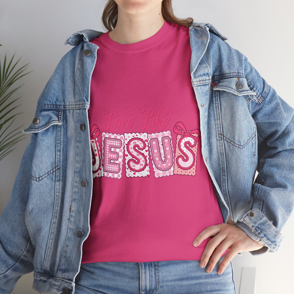 Love Like Jesus Patchwork Tee — Pink Stitched Heart Graphic.Unisex Cotton Tee