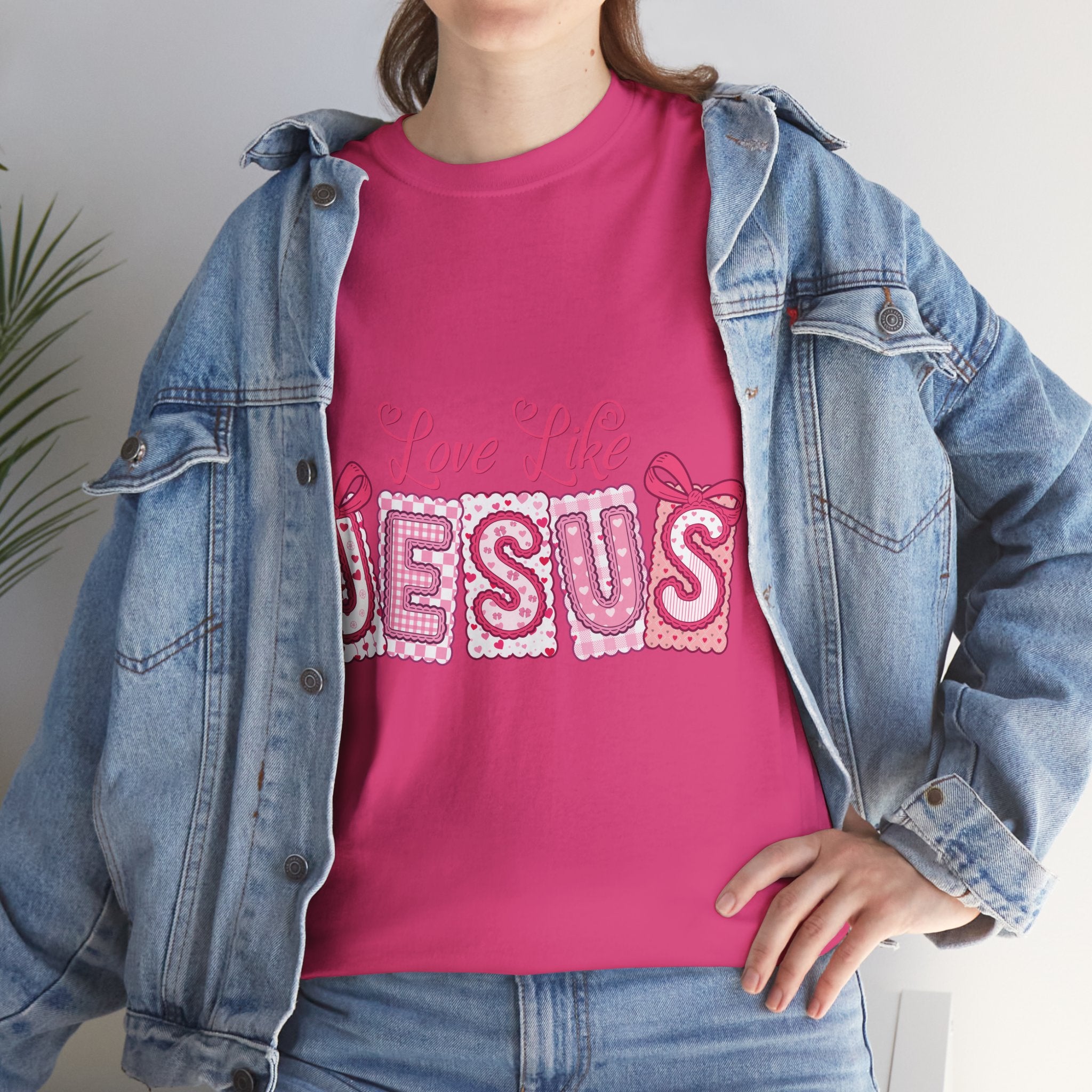 Love Like Jesus Patchwork Tee — Pink Stitched Heart Graphic.Unisex Cotton Tee