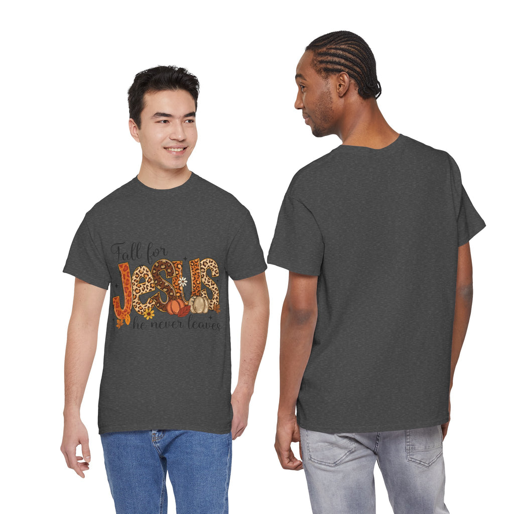 JESUS Leopard Print Fall T-Shirt — Pumpkins, Leaves & Floral Christian Unisex Cotton Tee