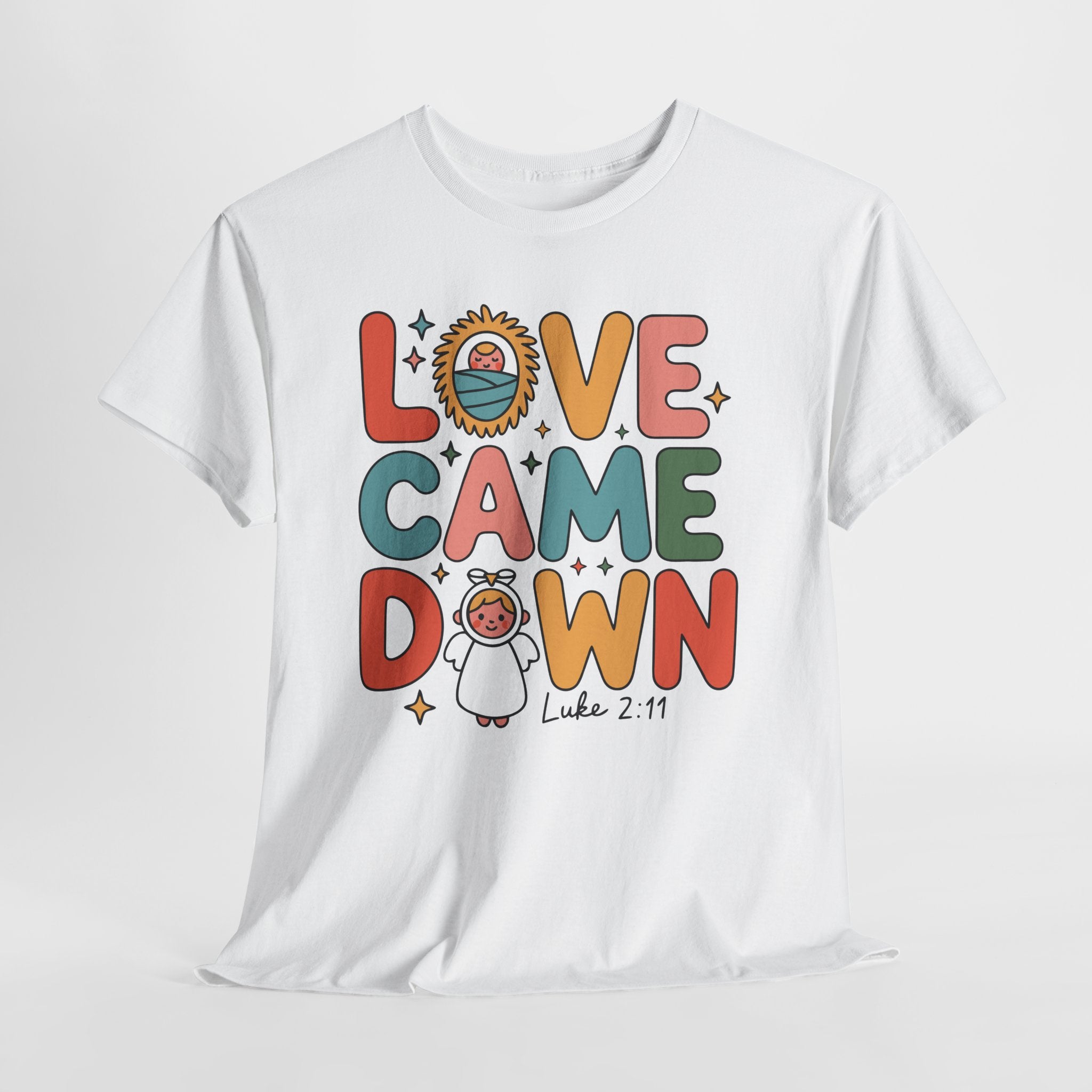 Love Came Down Christmas Tee — Baby Jesus Manger Angel (Luke 2:11)..Unisex Cotton Tee