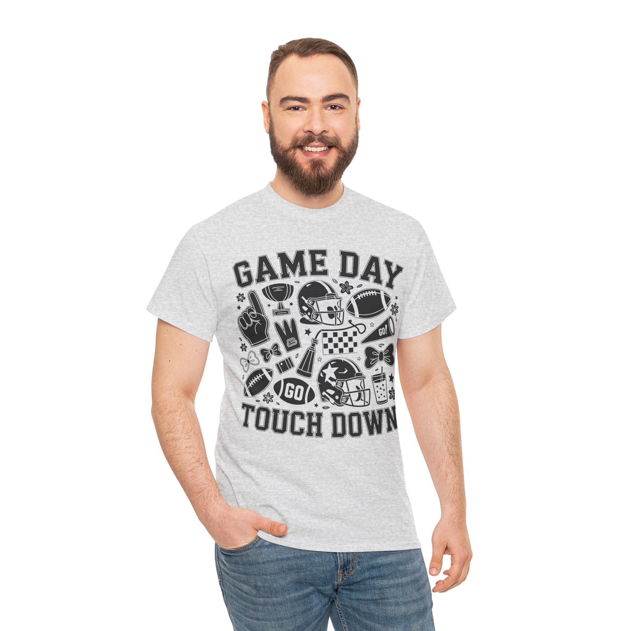 Game Day Touch Down Football T‑Shirt — Helmet & Cheer Monochrome Design Unisex Cotton Tee
