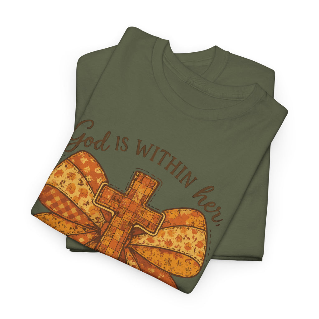 Psalm 46:5 Cross Patchwork Tee — Fall Bow Christian Unisex Cotton T-Shirt