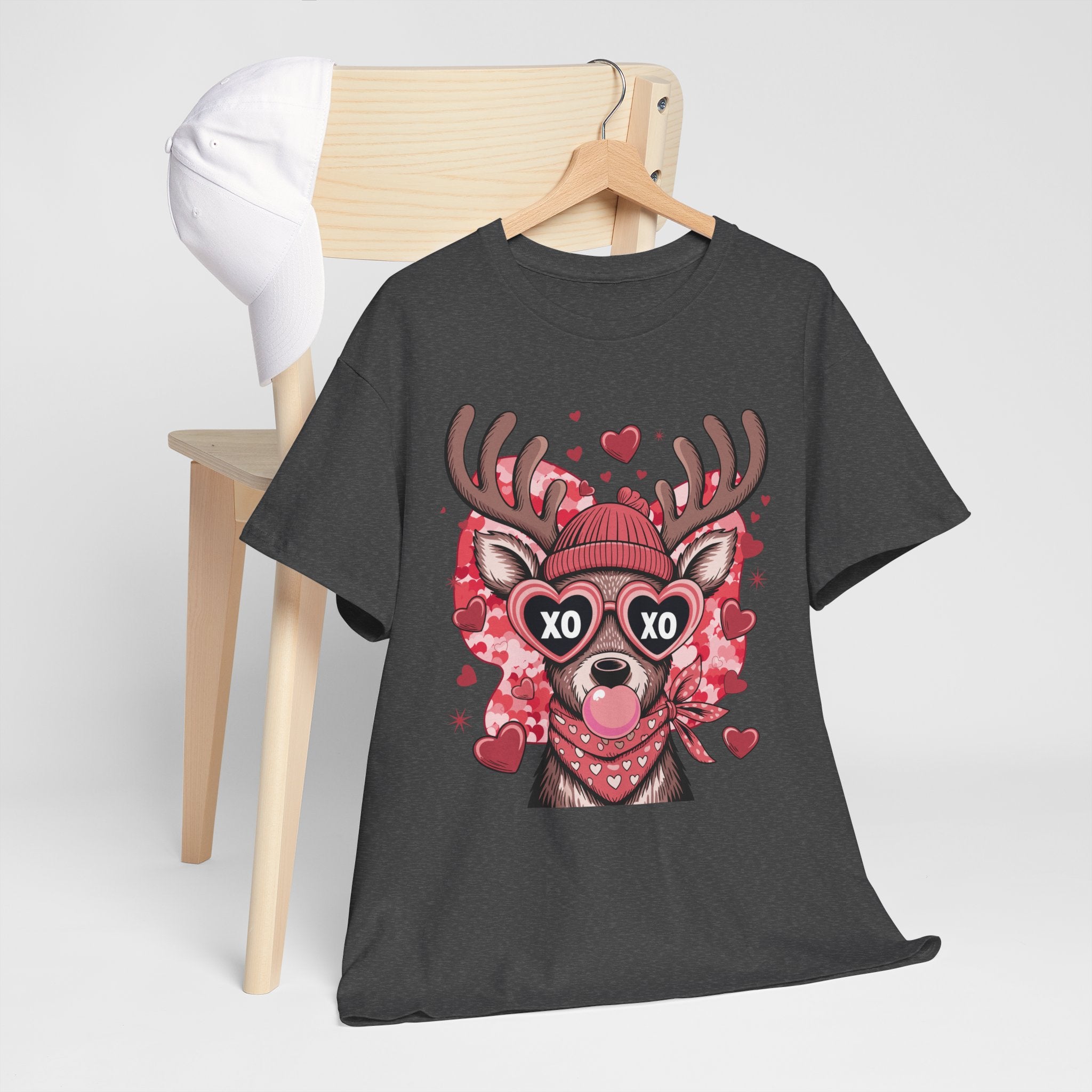 Valentine Deer Tee — Cute XO Heart Glasses, Beanie & Scarf Unisex Cotton Tshirt