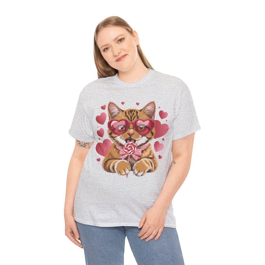 Valentine Cat Tee — Heart Glasses, Lollipop Bow Unisex Cotton Tee