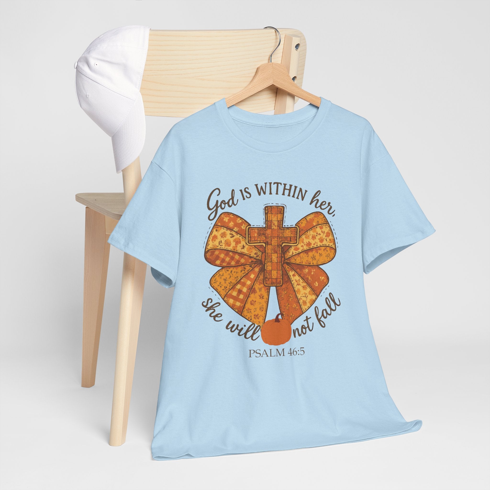 Psalm 46:5 Cross Patchwork Tee — Fall Bow Christian Unisex Cotton T-Shirt