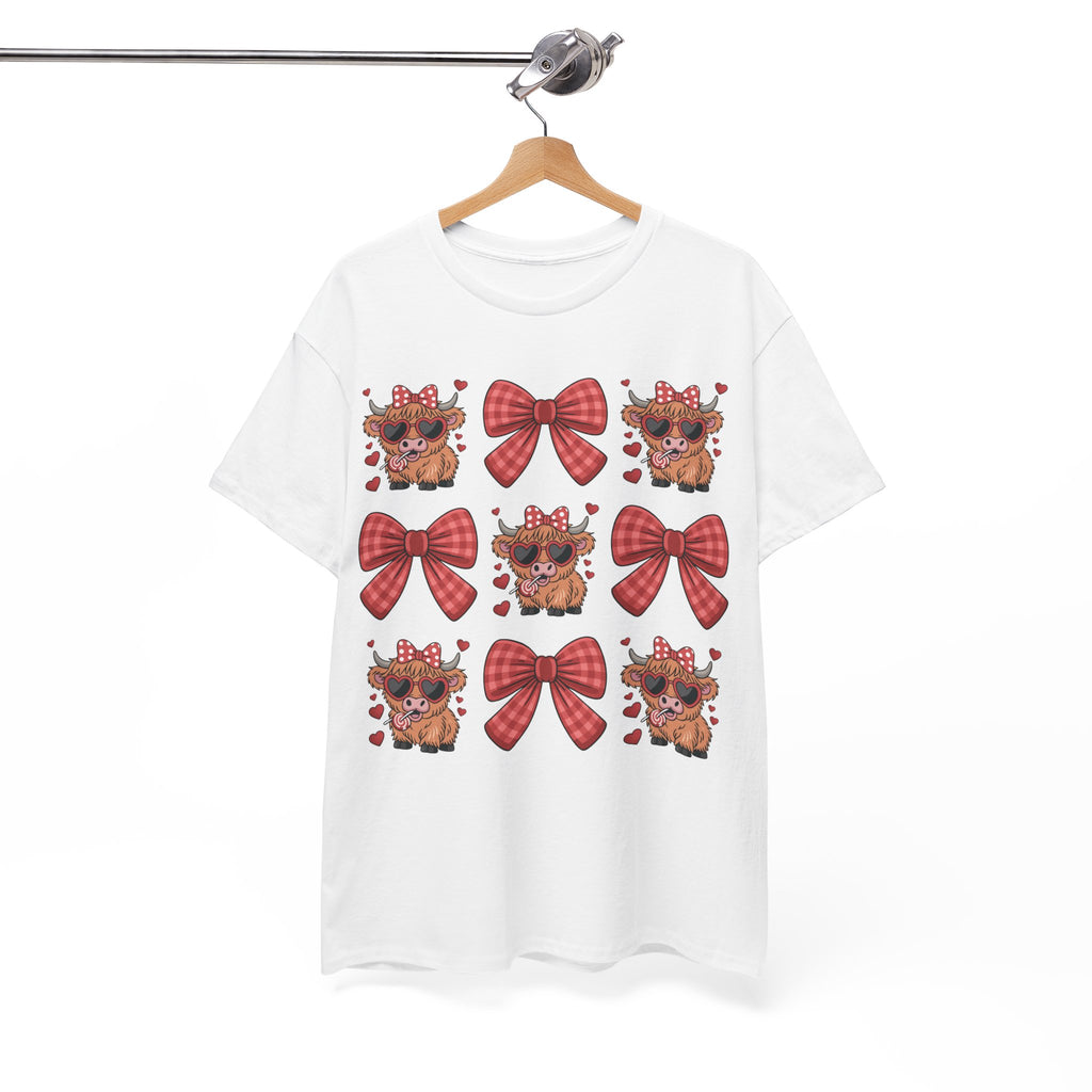 Valentine Cow Checkered Tee — Fluffy Cows with Heart Sunglasses & Red Bows..Unisex Cotton Tee