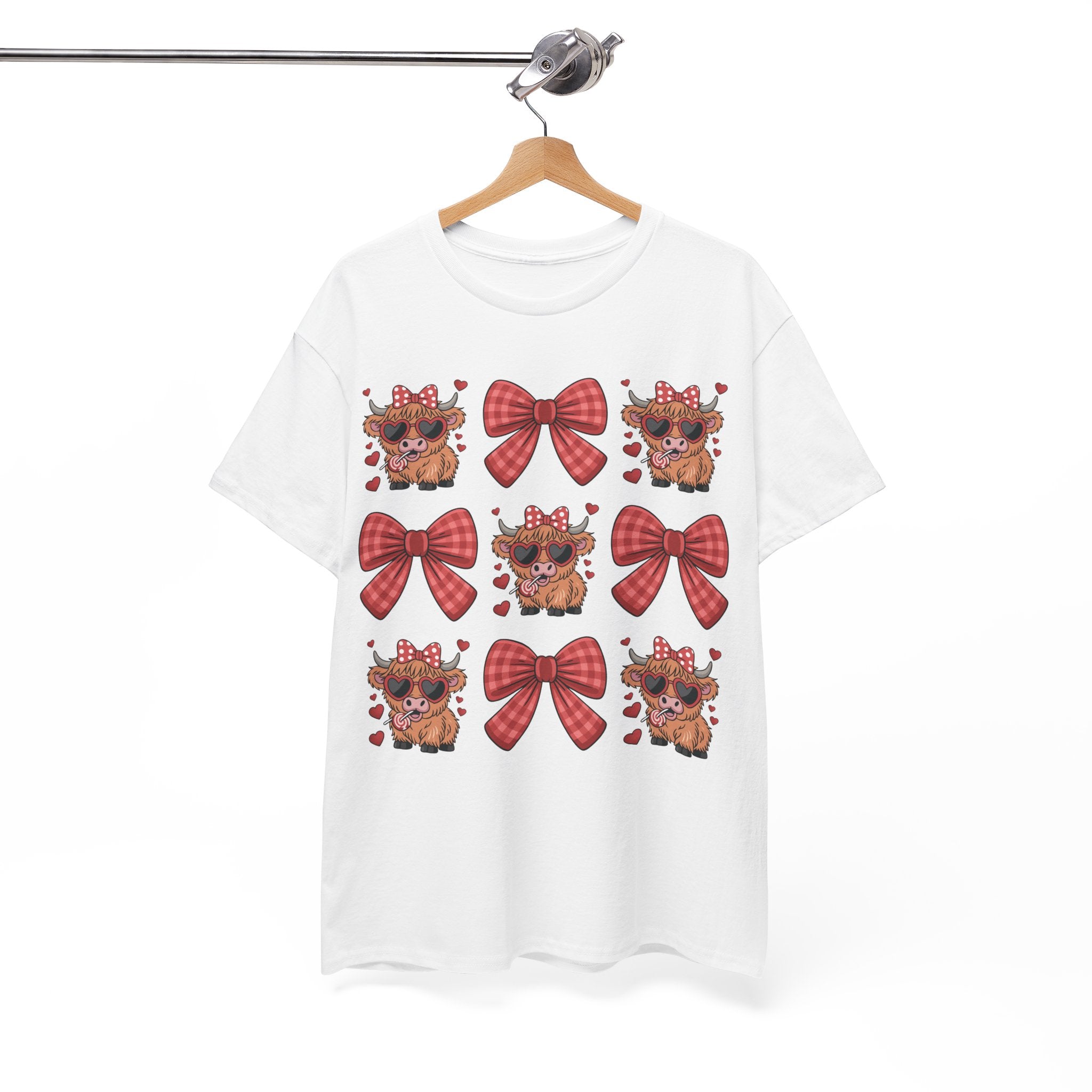 Valentine Cow Checkered Tee — Fluffy Cows with Heart Sunglasses & Red Bows..Unisex Cotton Tee