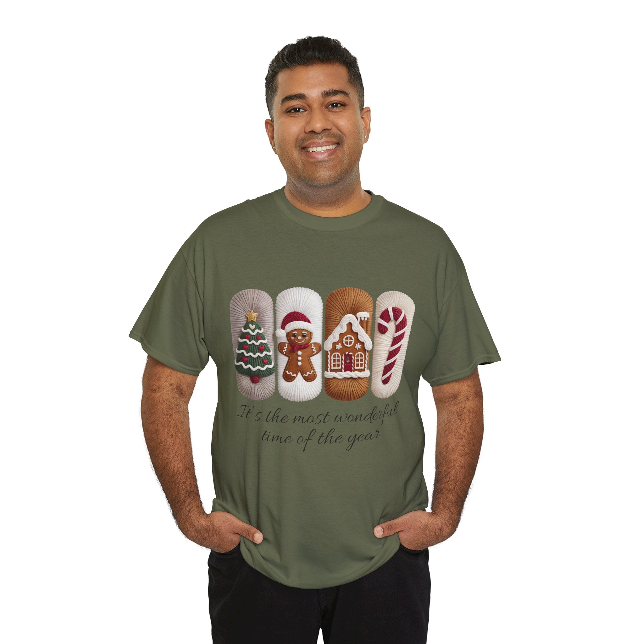 Christmas Faux-Yarn Tree Tee — Gingerbread House & Candy Cane Holiday Unisex Cotton T-Shirt