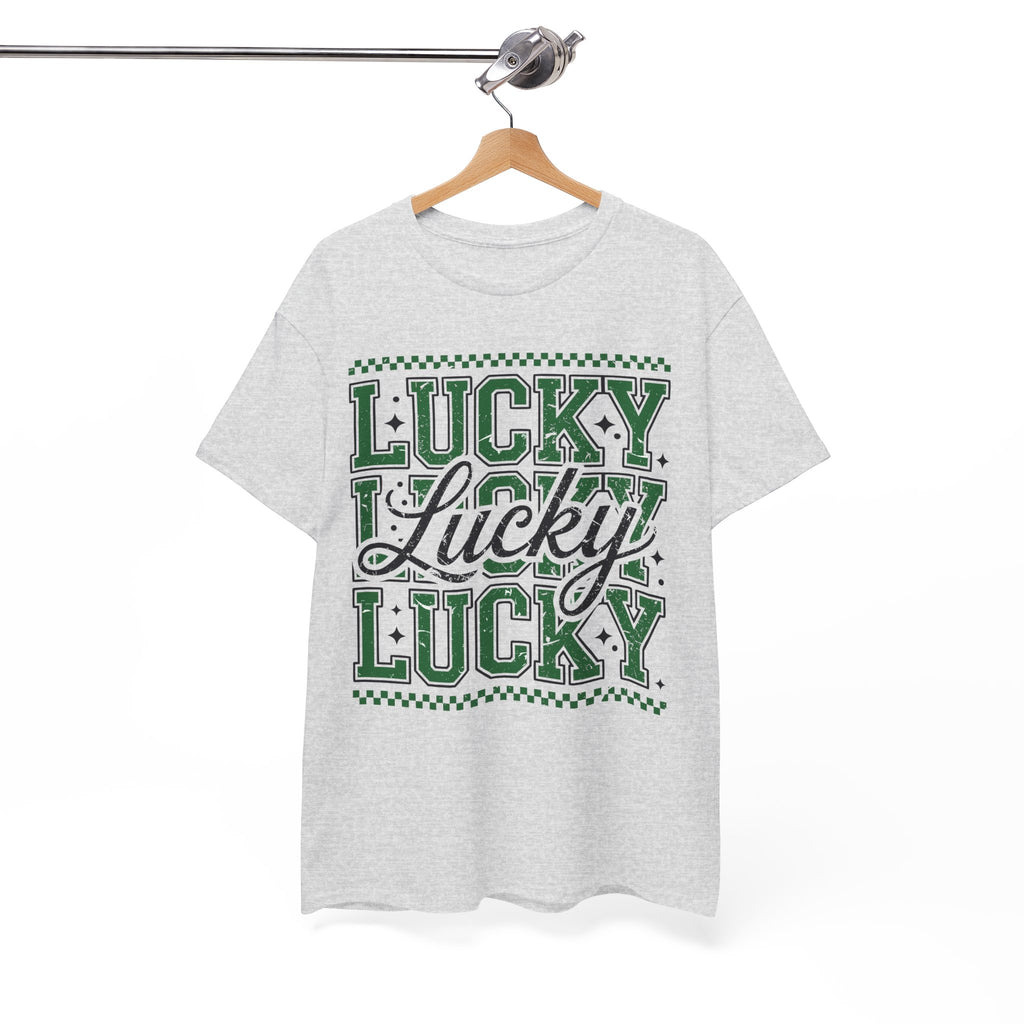 Lucky Varsity Tee — Layered Green ‘Lucky’ Graphic Unisex Cotton Tee