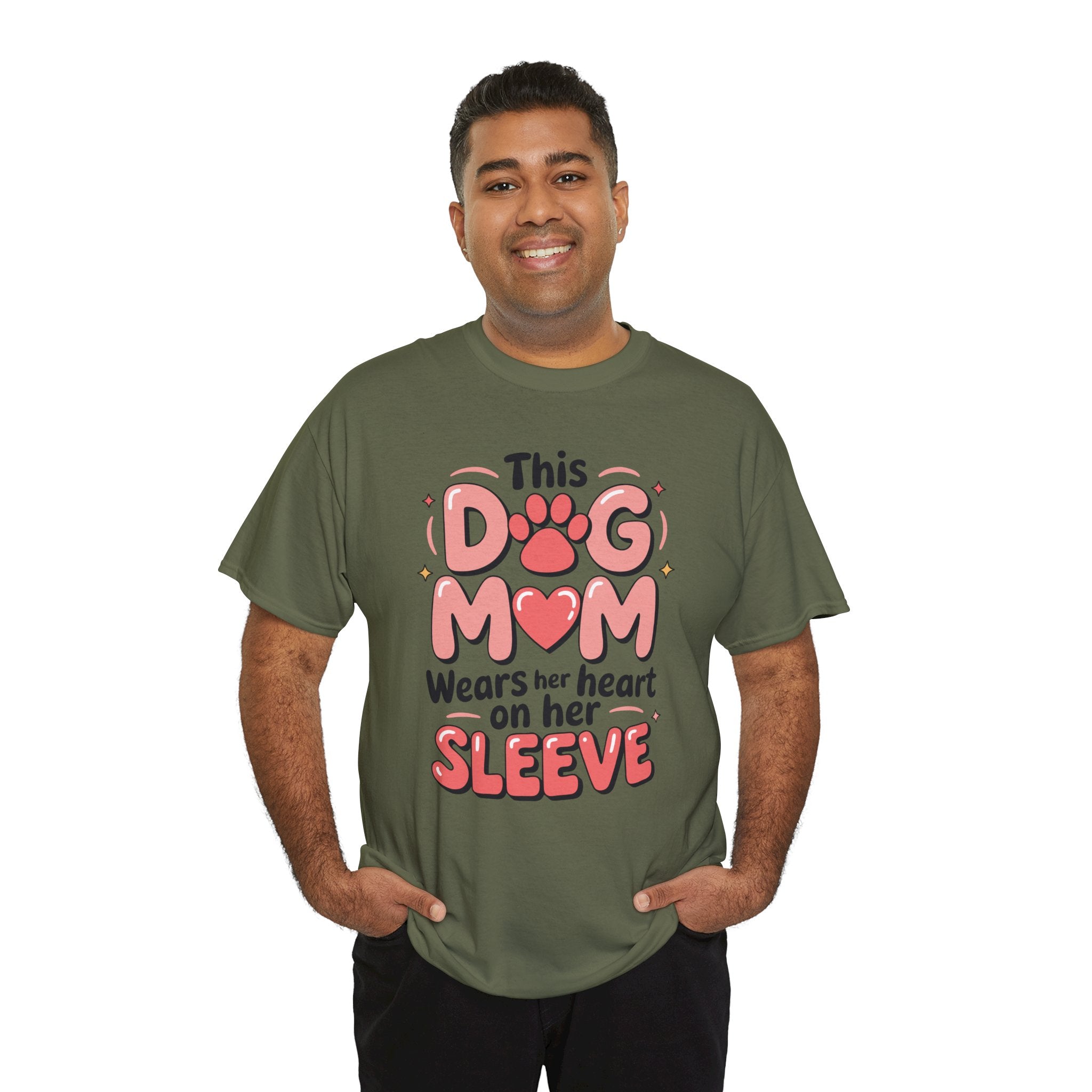 Dog Mom T-Shirt — "This Dog Mom Wears Her Heart on Her Sleeve" Paw & Heart Unisex Cotton Tee