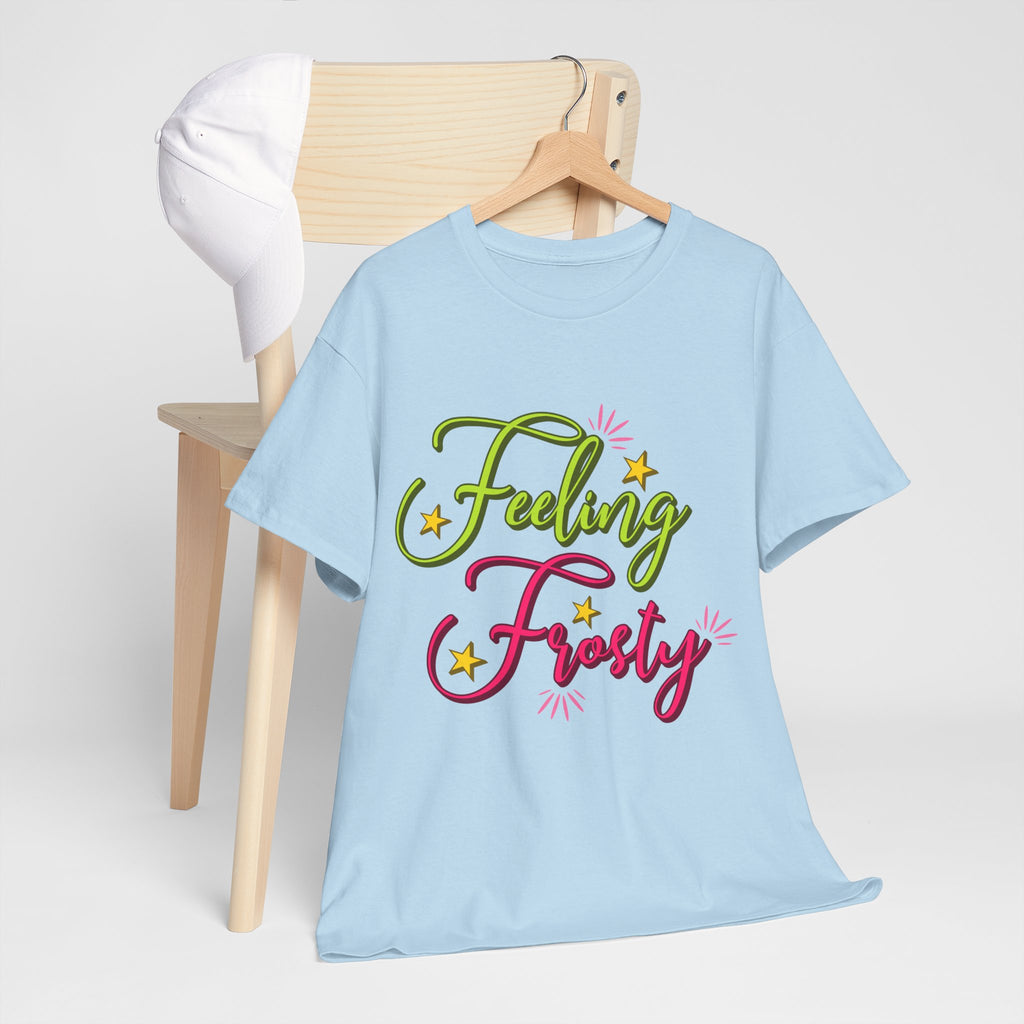 Feeling Frosty Holiday T-Shirt — Green & Pink Script Stars.Unisex Cotton Tee
