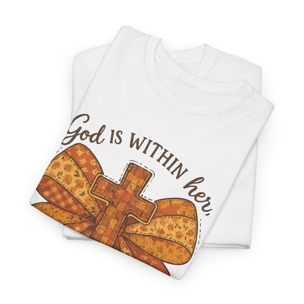 Psalm 46:5 Cross Patchwork Tee — Fall Bow Christian Unisex Cotton T-Shirt