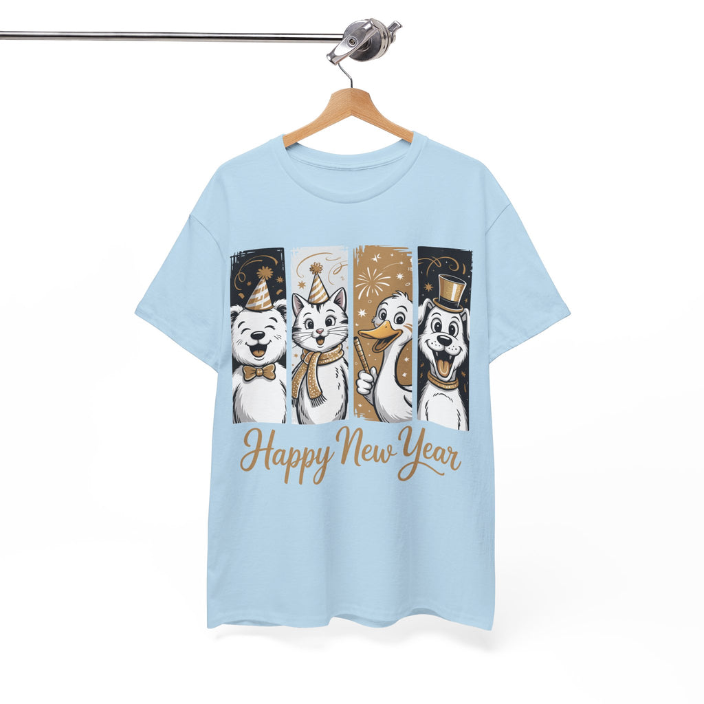 Happy New Year Party Animals T-Shirt — Cute Smiling Animals in Party Hats & Gold Fireworks..Unisex Cotton Tee