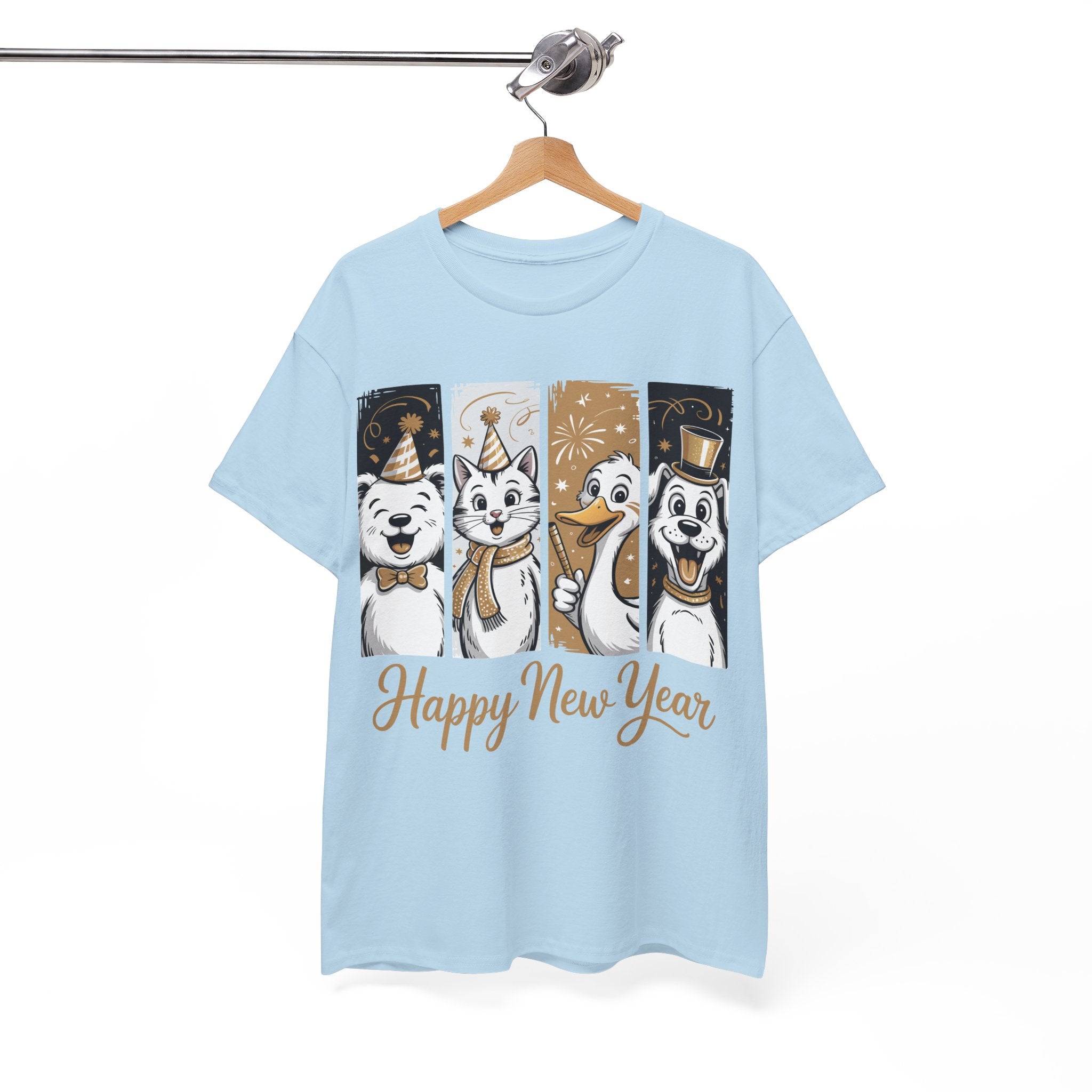 Happy New Year Party Animals T-Shirt — Cute Smiling Animals in Party Hats & Gold Fireworks..Unisex Cotton Tee