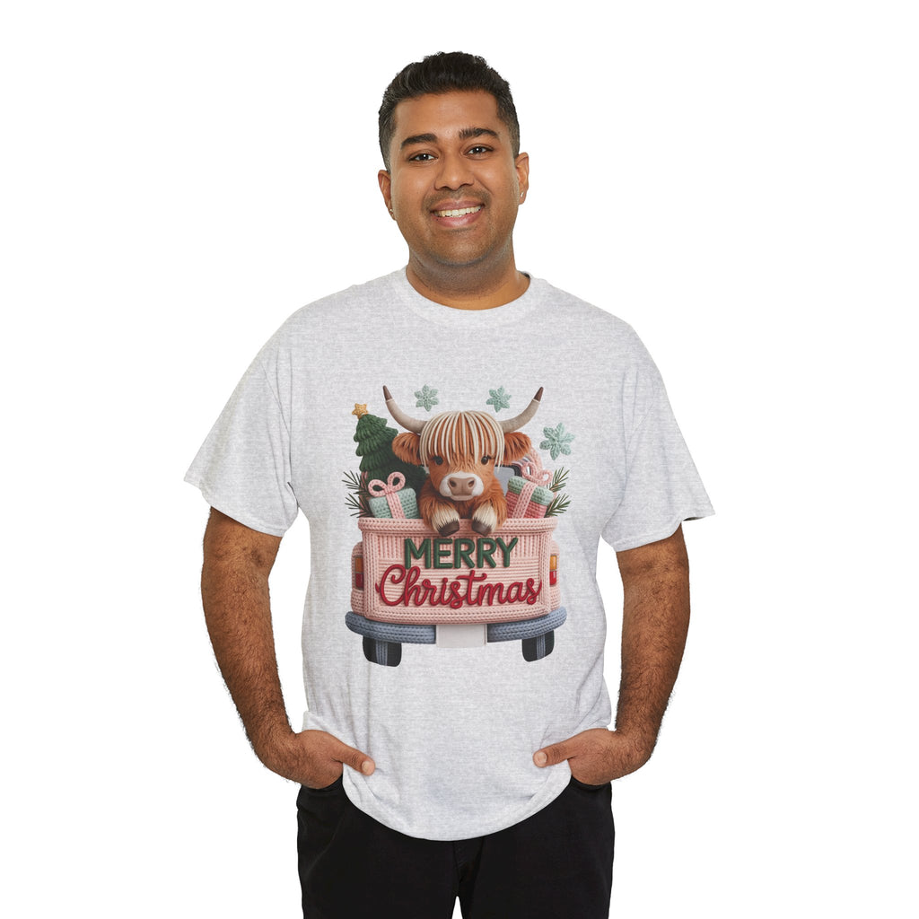 Merry Christmas Highland Cow Knit Truck Unisex Cotton T-Shirt