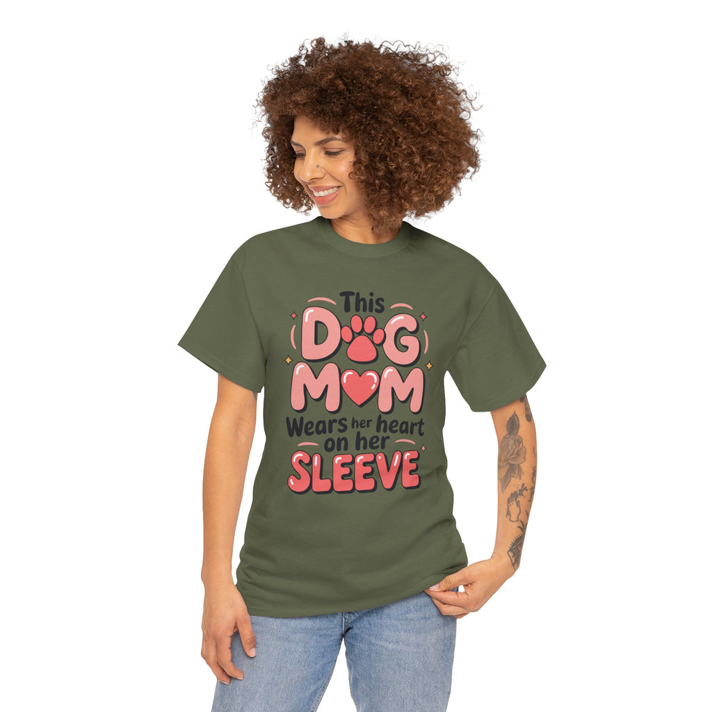 Dog Mom T-Shirt — "This Dog Mom Wears Her Heart on Her Sleeve" Paw & Heart Unisex Cotton Tee
