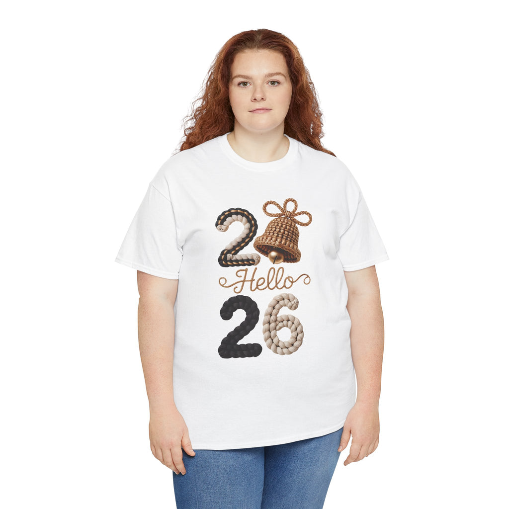 Hello 2026 Tee — Cozy Faux Yarn Braided Numbers with Woven Golden Bell..Unisex Cotton Tee
