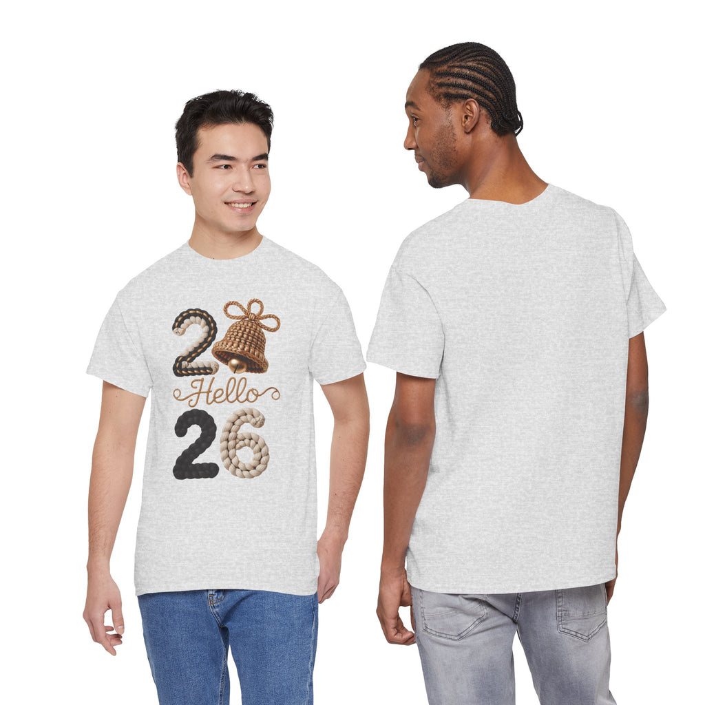 Hello 2026 Tee — Cozy Faux Yarn Braided Numbers with Woven Golden Bell..Unisex Cotton Tee