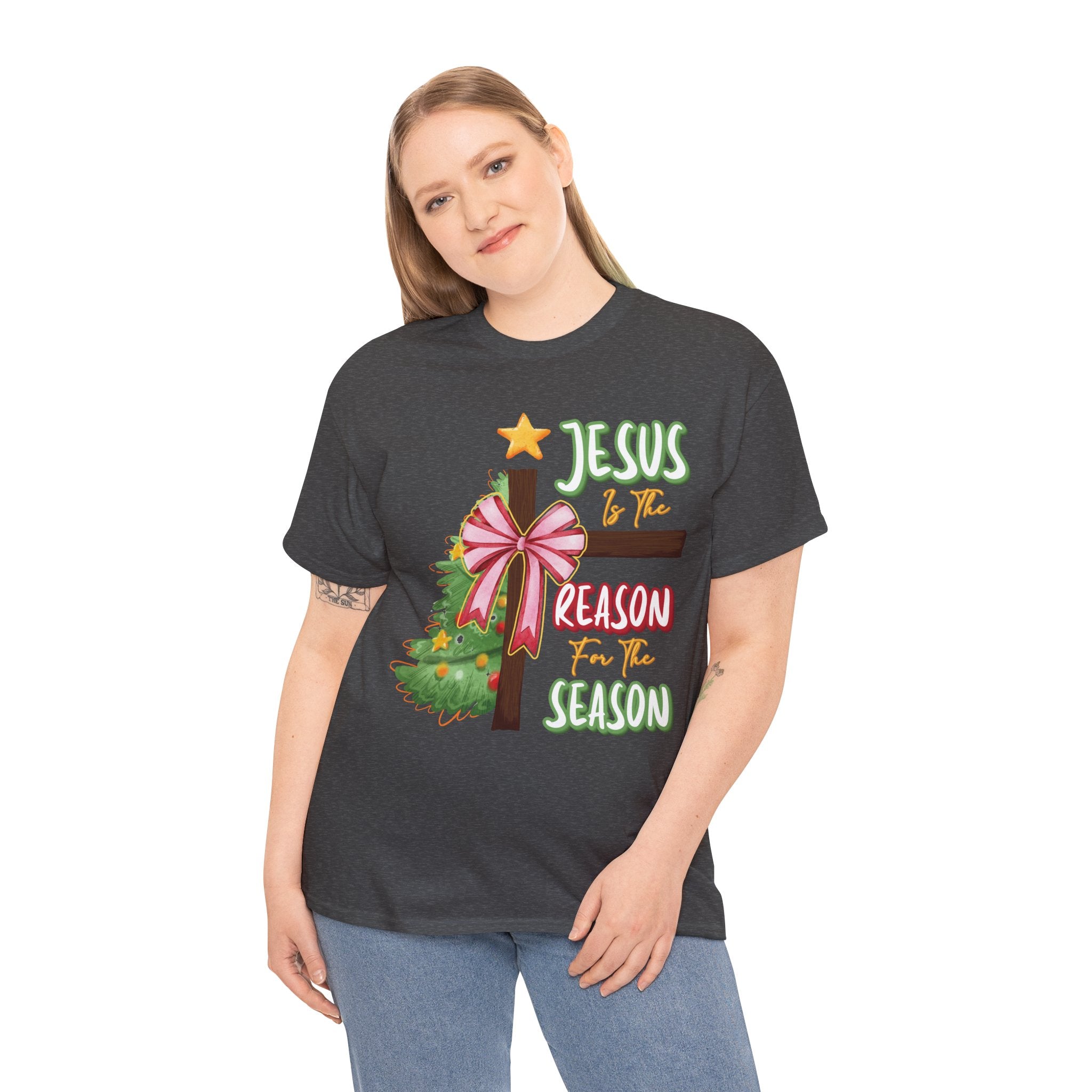 Jesus Is the Reason for the Season Christmas Tee — Cross with Pink Bow & Tree. Unisex Cotton Tee