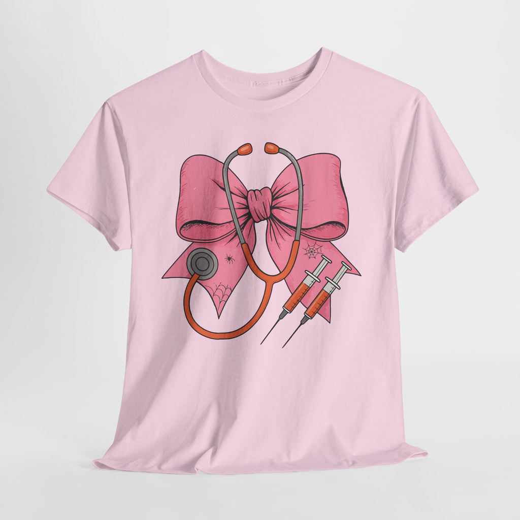 Halloween Nurse T‑Shirt — Pink Nurse Bow with Stethoscope, Syringes & Spider Webs..Unisex Cotton Tee
