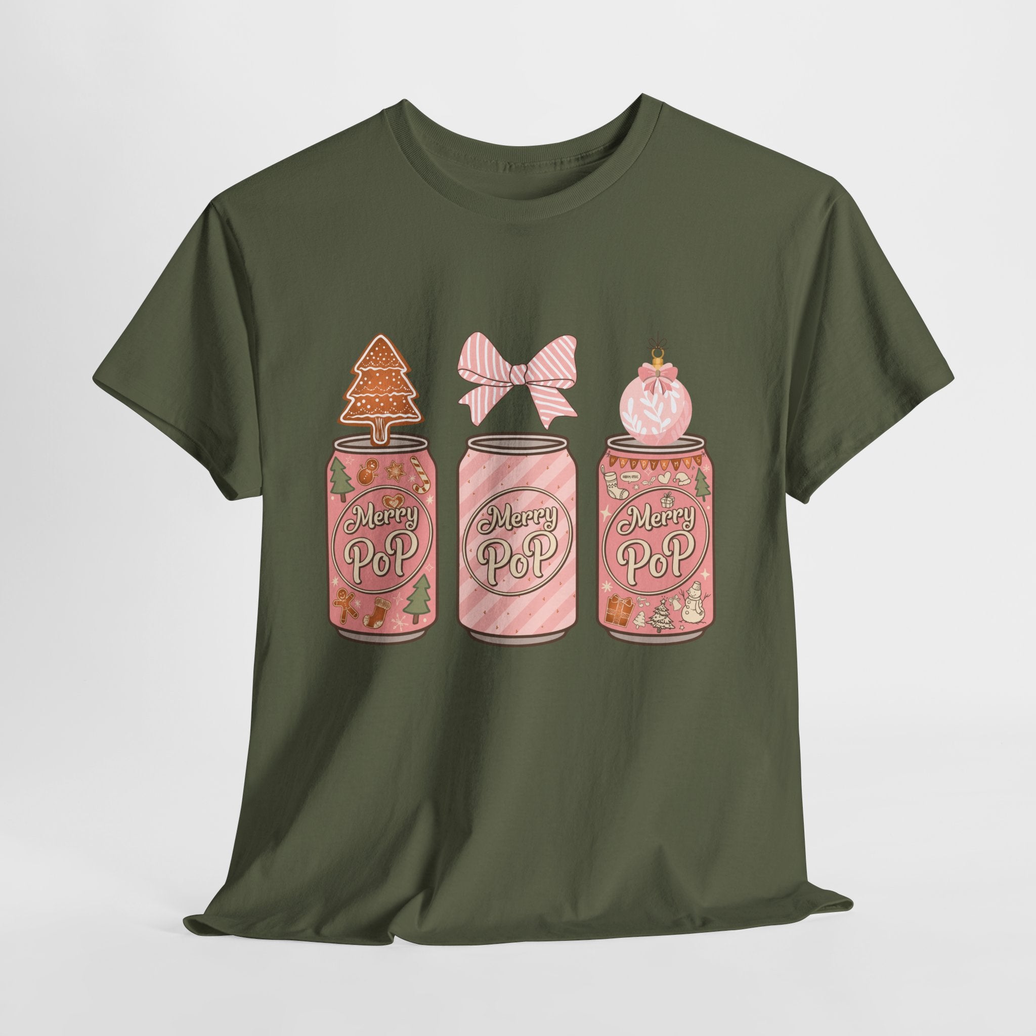 Merry Pop Christmas Soda Can Tee — Pastel Holiday Graphic Unisex Cotton T-Shirt