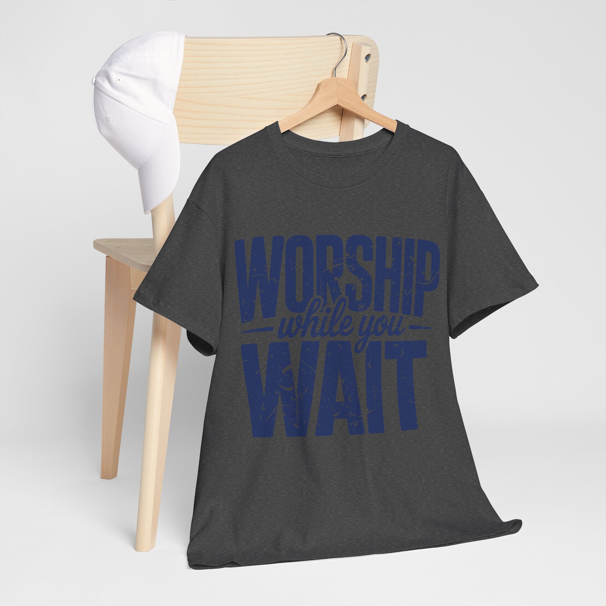 Worship While You Wait T‑Shirt — Distressed Pastel Blue Faith Unisex Cotton Tee