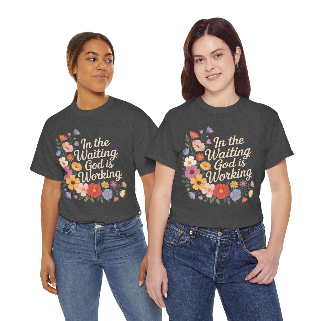 Pastel Floral “In the Waiting God Is Working” Unisex Cotton T-Shirt