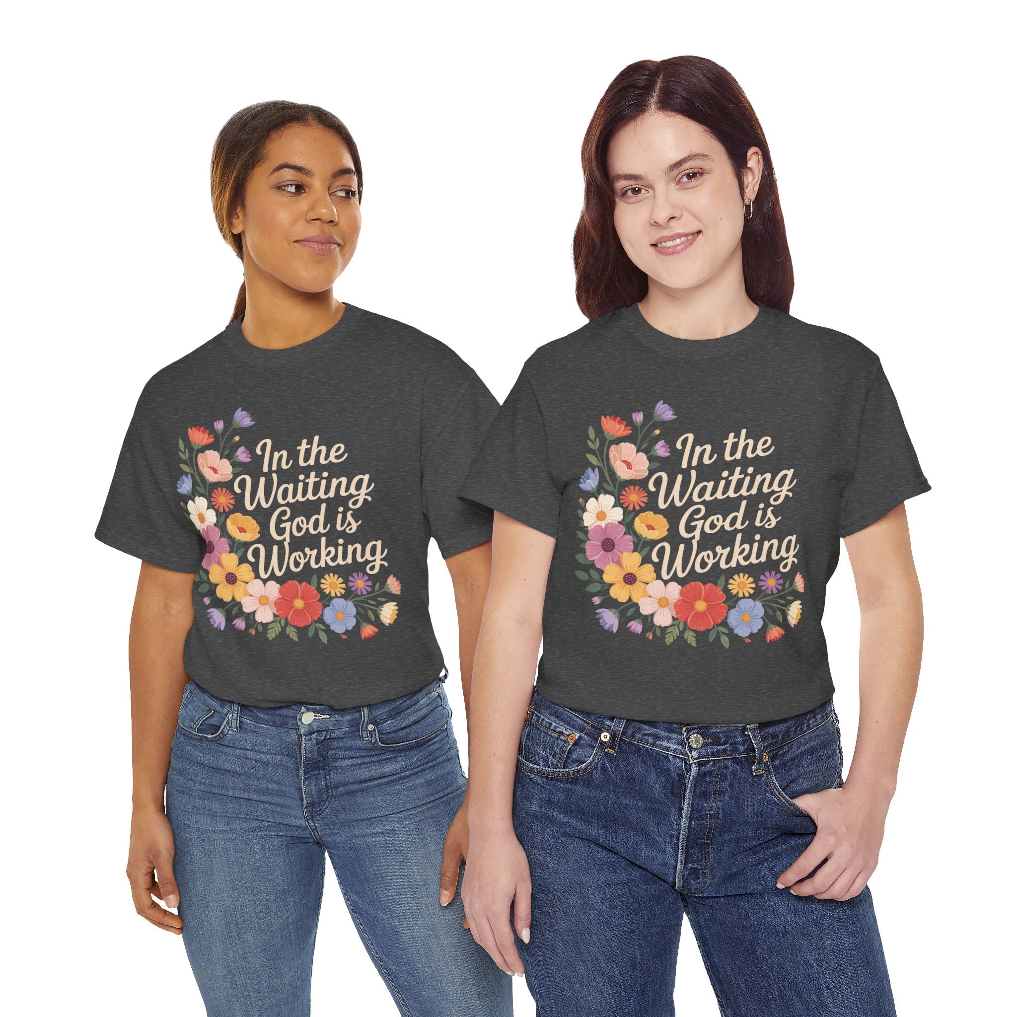 Pastel Floral “In the Waiting God Is Working” Unisex Cotton T-Shirt