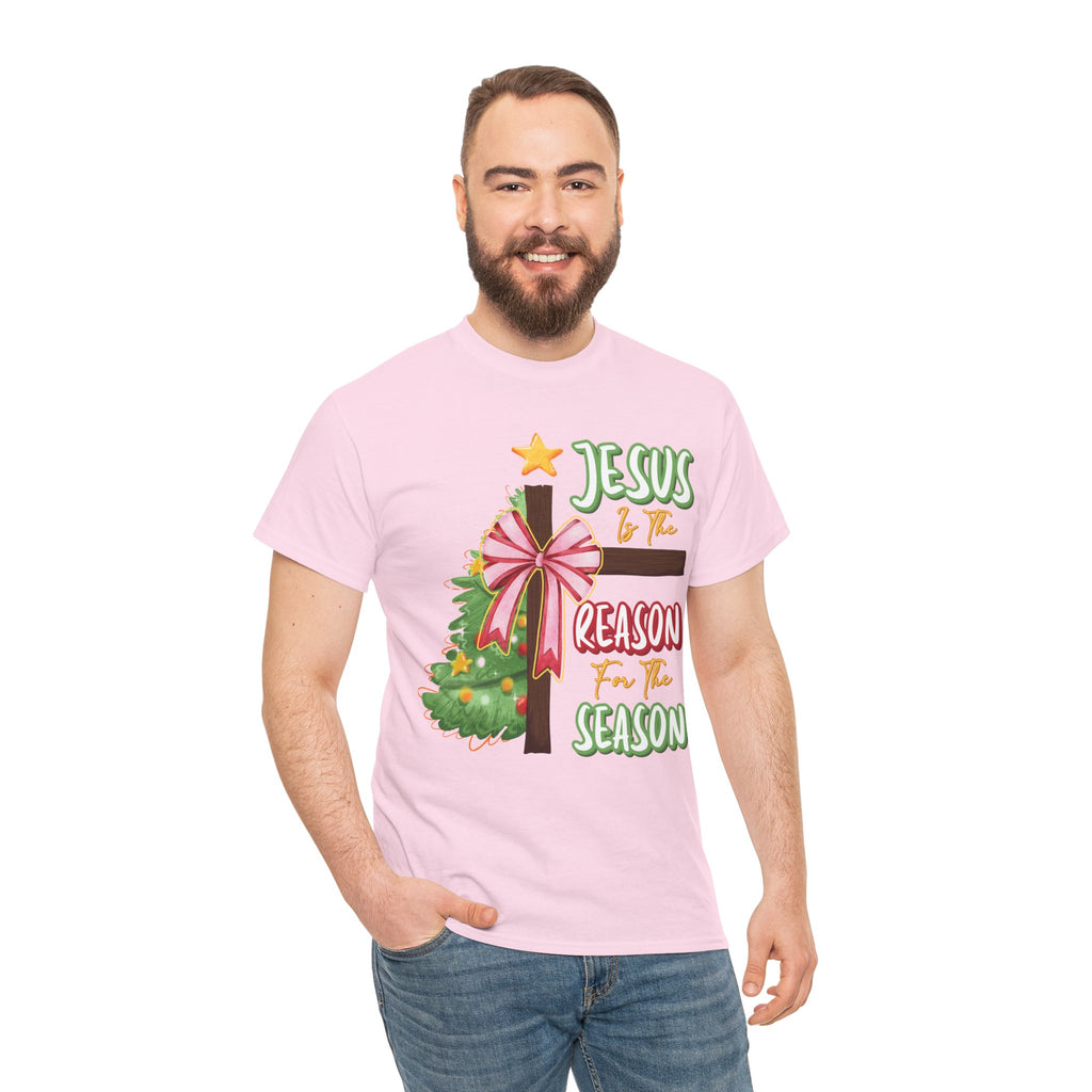 Jesus Is the Reason for the Season Christmas Tee — Cross with Pink Bow & Tree. Unisex Cotton Tee