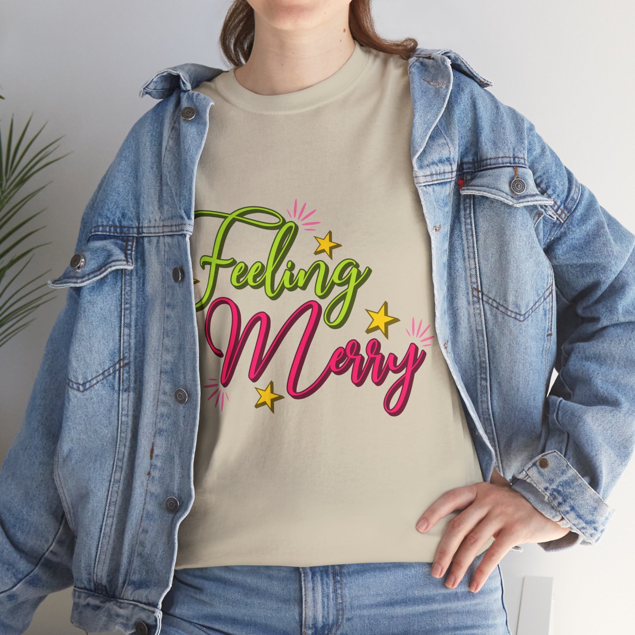 Feeling Merry T-Shirt — Bright Green & Pink Holiday Tee with Stars.Unisex Cotton Tee