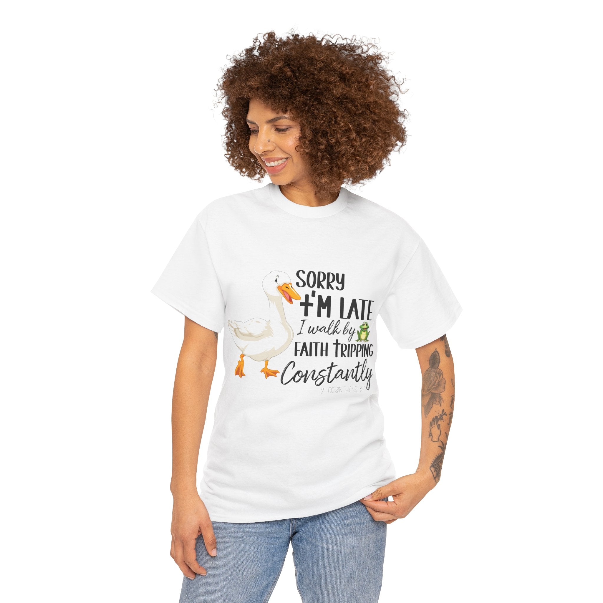 Christian Humor T-Shirt — “Sorry I’m Late, I Walk by Faith Tripping Constantly” (Duck & Frog). Unisex Cotton Tee