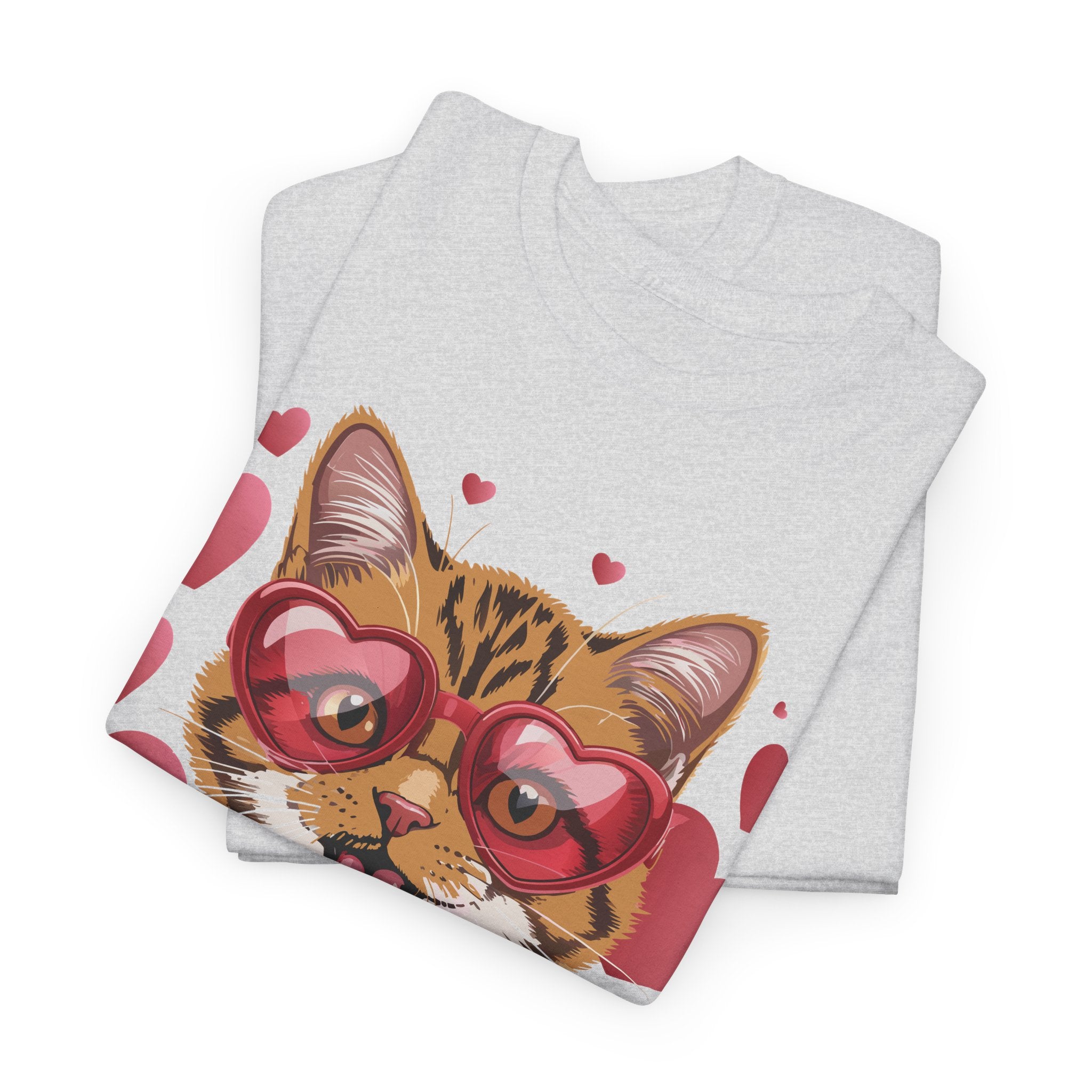 Valentine Cat Tee — Heart Glasses, Lollipop Bow Unisex Cotton Tee
