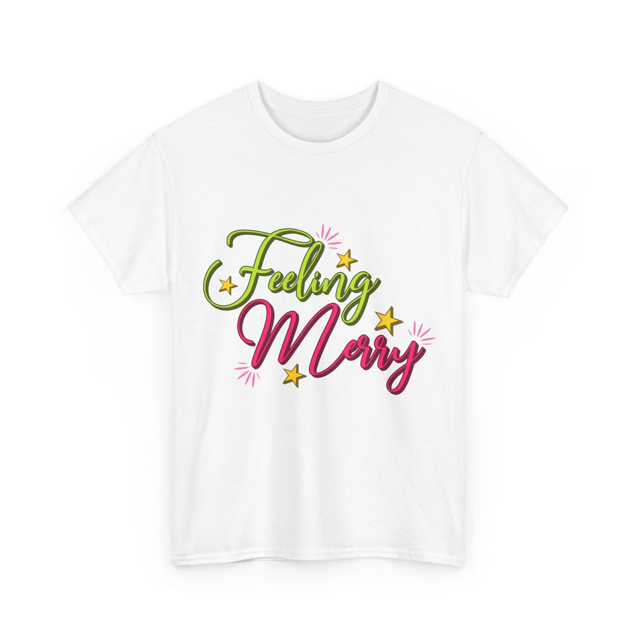 Feeling Merry T-Shirt — Bright Green & Pink Holiday Tee with Stars.Unisex Cotton Tee