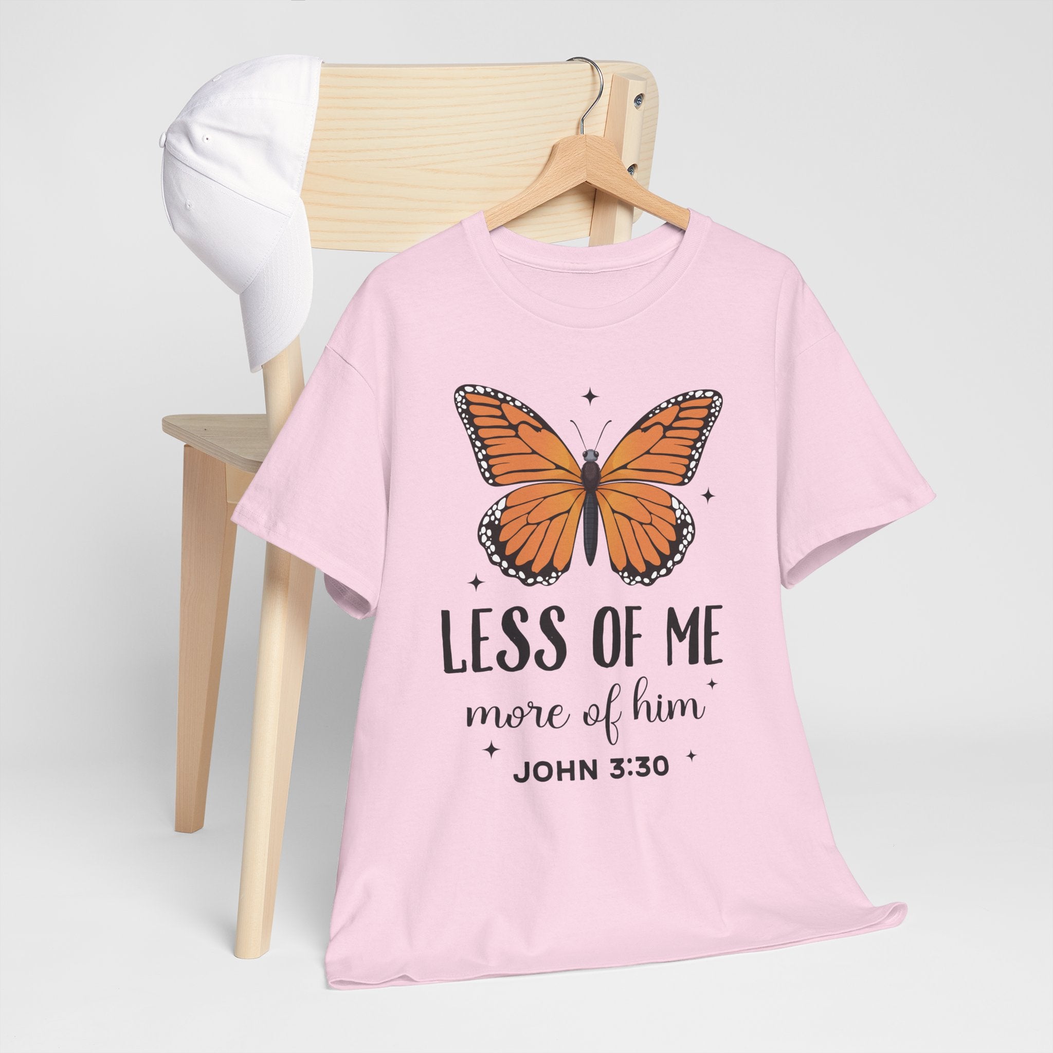 Monarch Butterfly Tee — "Less of Me, More of Him" Christian Unisex cotton T‑Shirt