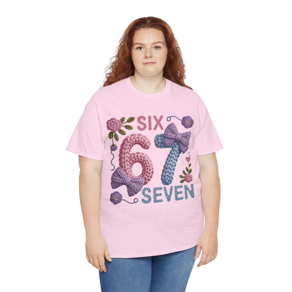 Pastel Crochet Numbers 6 & 7 Tee — Faux-Yarn Bows & Flowers. Unisex Cotton Tee