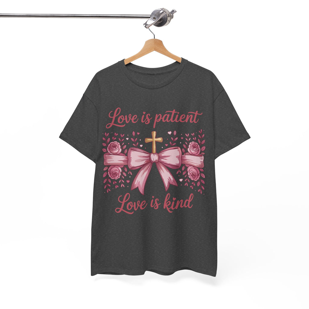 Christian Floral Tee — "Love is Patient, Love is Kind" Pink Rose Cross. Unisex Cotton Tee