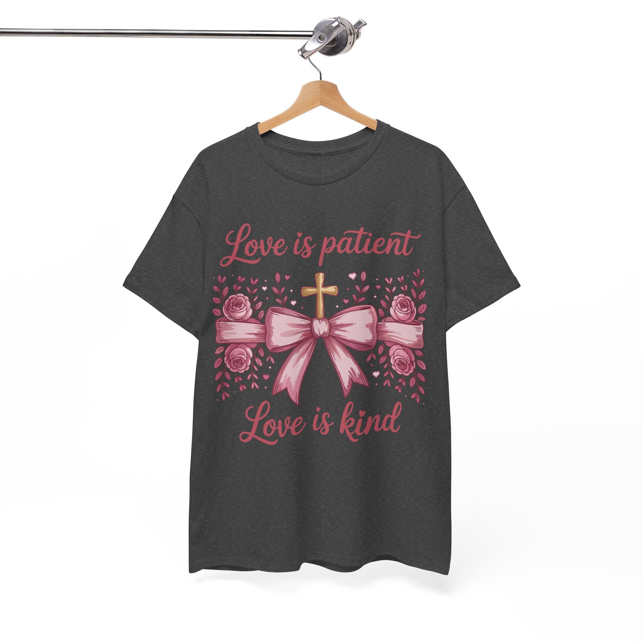 Christian Floral Tee — "Love is Patient, Love is Kind" Pink Rose Cross. Unisex Cotton Tee