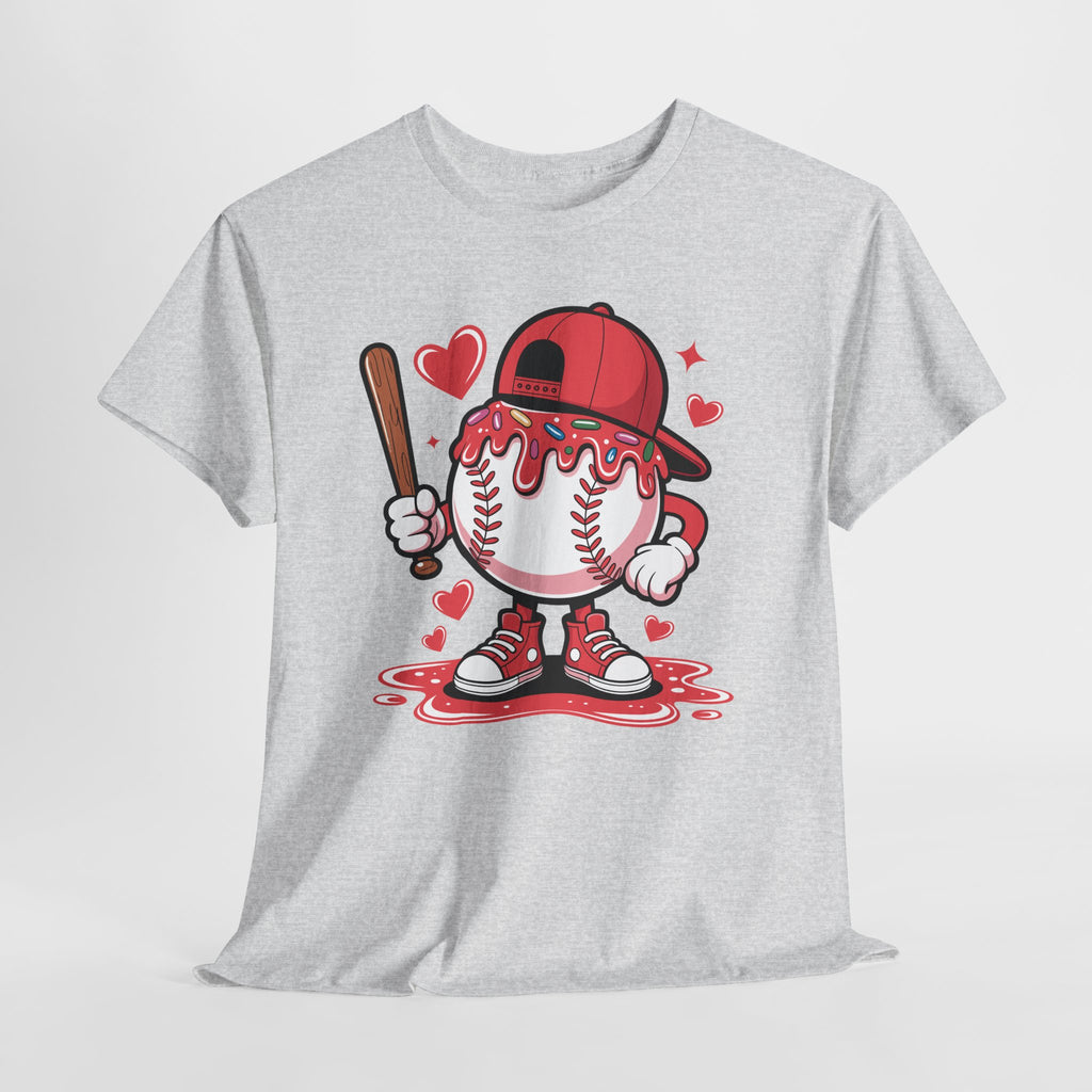 Cute Baseball Character T-Shirt — Red Cap & Icing Top Graphic with Hearts Unisex Cotton Tee