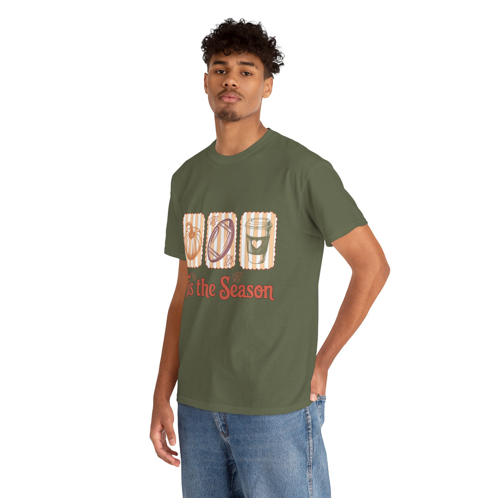 Tis the Season Pumpkin, Football & Coffee Fall Unisex Cotton T-Shirt