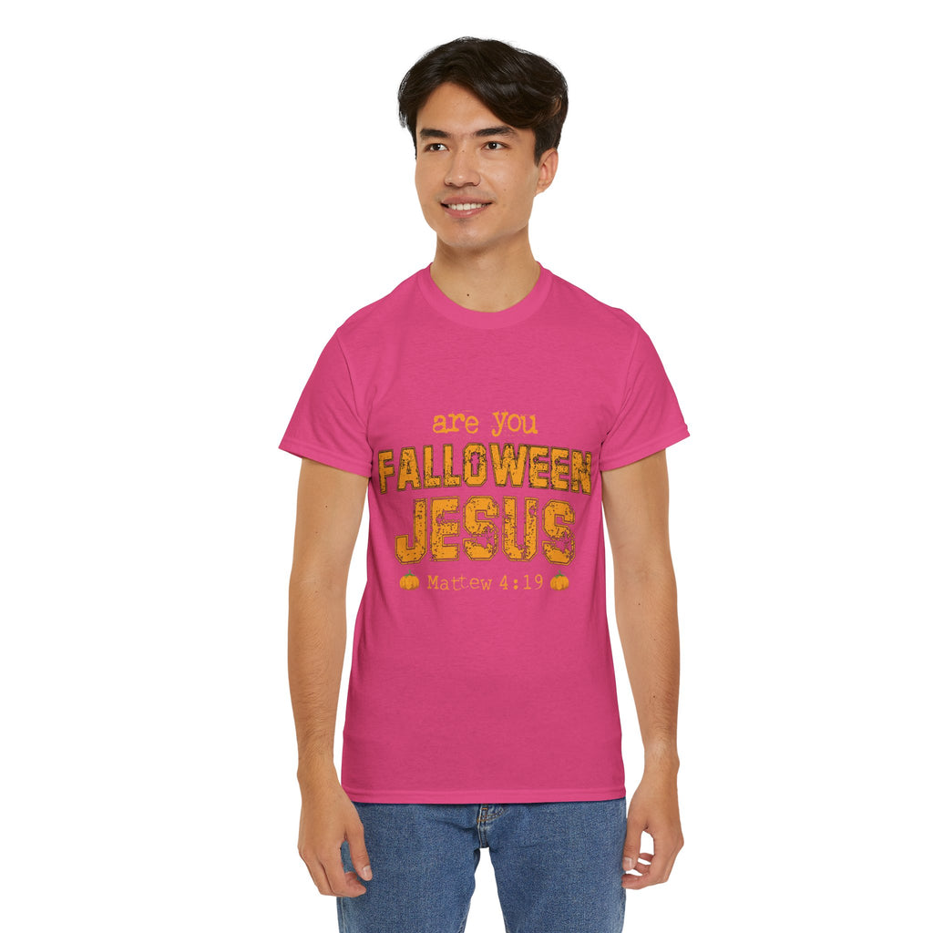 Christian Halloween T-Shirt — “Are You Falloween Jesus? Matthew 4:19” Distressed Pumpkin Design. Unisex Cotton Tee