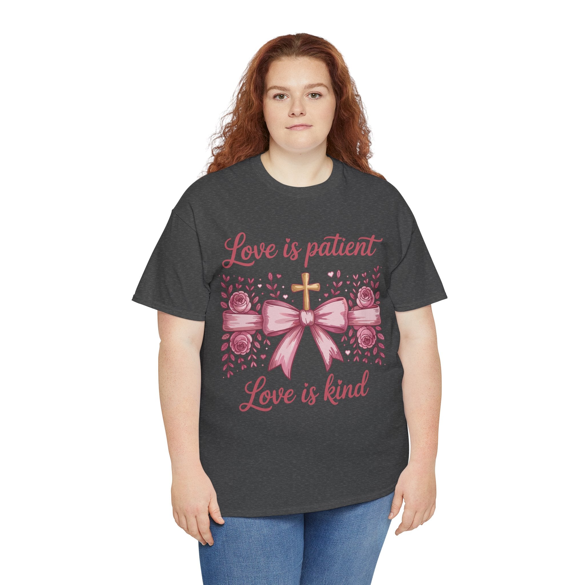 Christian Floral Tee — "Love is Patient, Love is Kind" Pink Rose Cross. Unisex Cotton Tee