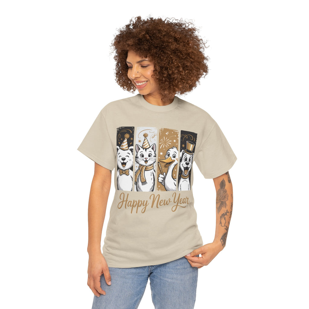 Happy New Year Party Animals T-Shirt — Cute Smiling Animals in Party Hats & Gold Fireworks..Unisex Cotton Tee