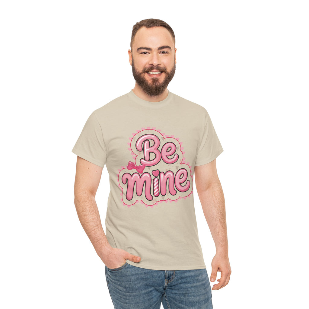 Be Mine Valentine T-Shirt — Pink Bubble Letters with Hearts & Bow..Unisex Cotton Tee